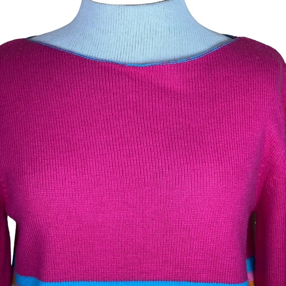 Tommy Hilfiger NWT Women’s Hot Pink Wool Blend Sweater W/ Multi Color Stripes M - Picture 2 of 16